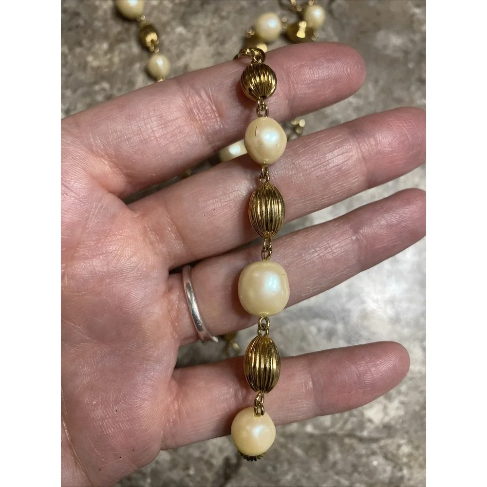 Vintage‎ Gold Tone Faux Pearl Beaded Long Necklace